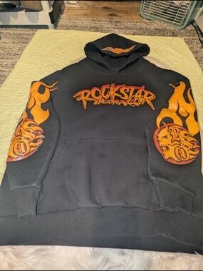 Rockstar Black Hoodie with Orange Flame Graphics